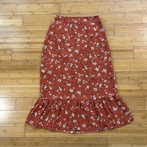Paper Crane Fitted Ruffle Floral Girlhoodcore Midi Skirt in Rust
